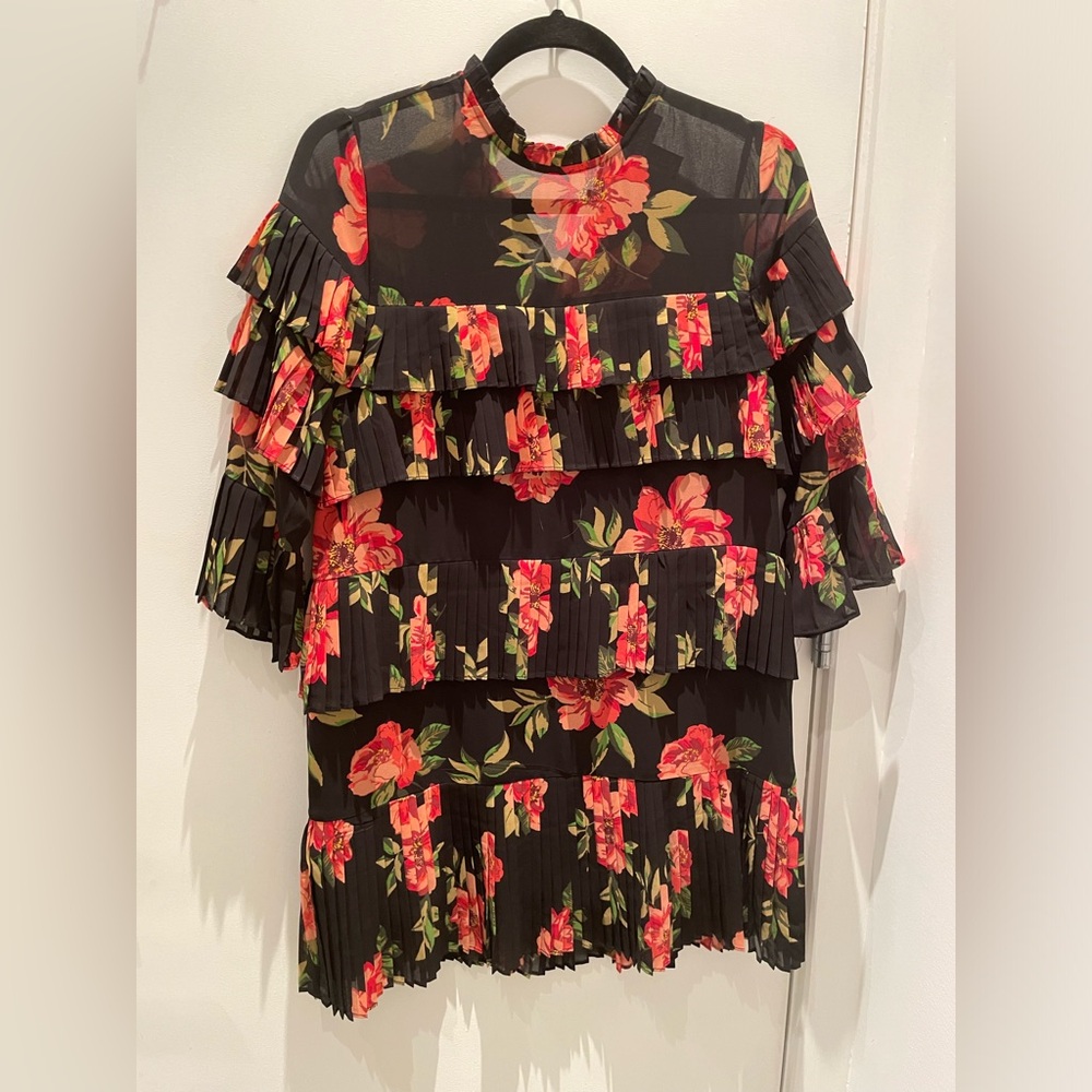 Forever 21 Contemporary - Black/Red Floral Ruffled Tier Mini Dress - Size S